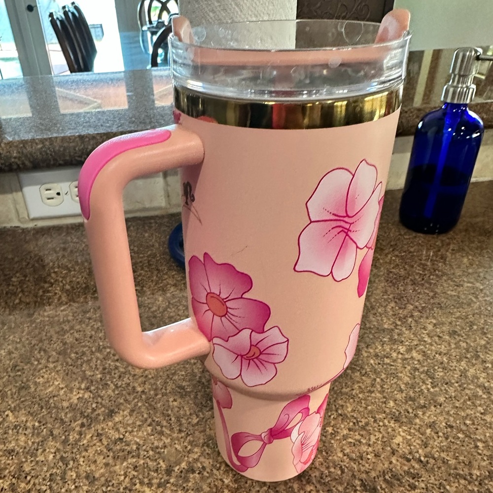 Pink Floral Tumbler with Handle